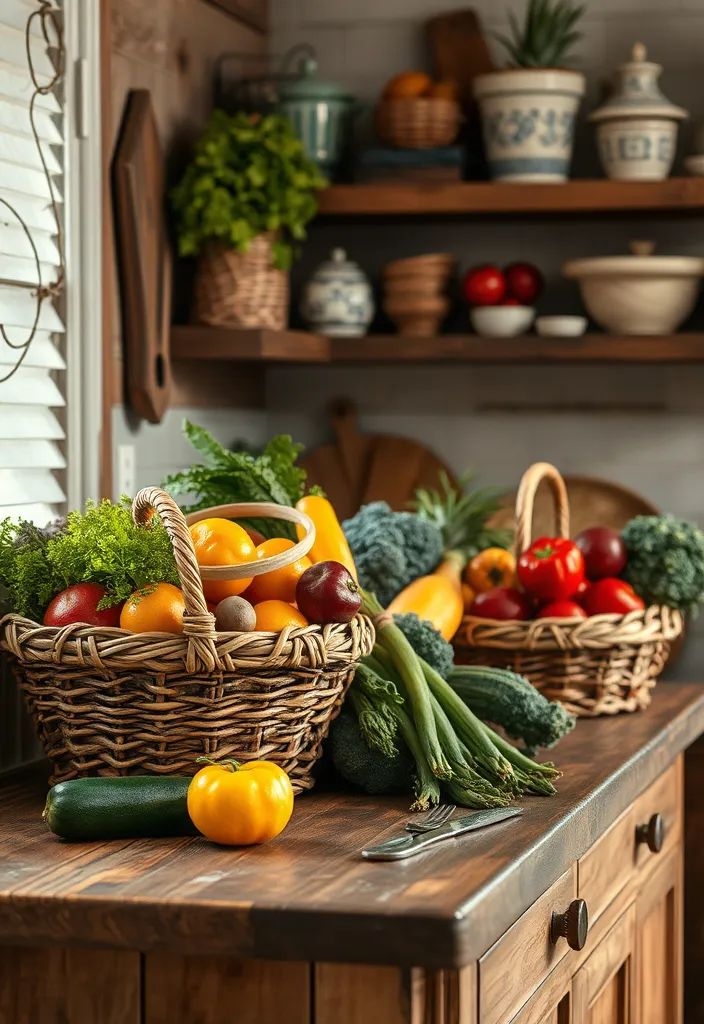 Kitchen workspace with meal planning notes, measuring tools, and seasonal produce arranged for weekly preparation